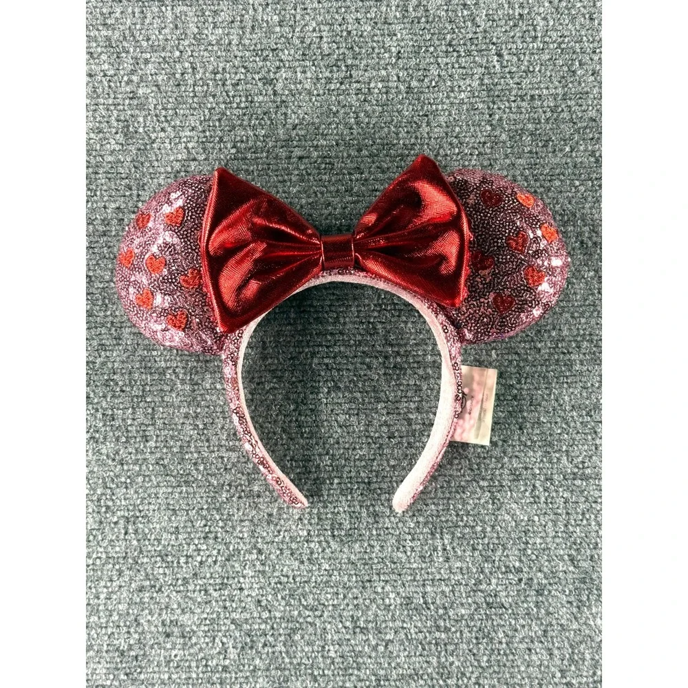 Disney Parks Minnie Mouse Pink Sequin Red Heart Valentine Ears Headband Bow